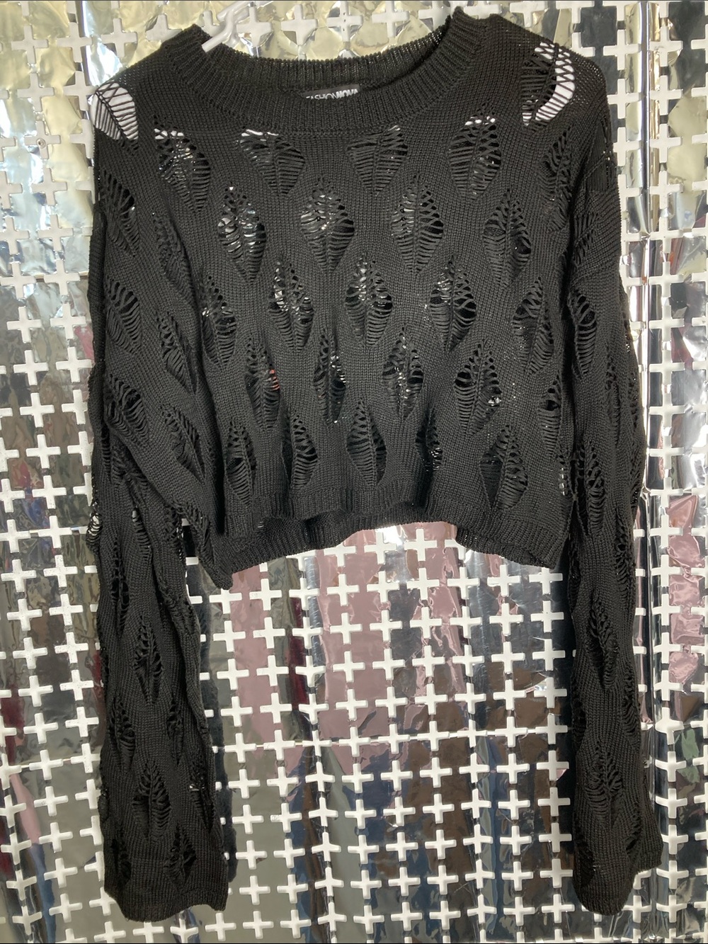 Fashion Nova Black Distressed Open-Knit Cropped Sweater